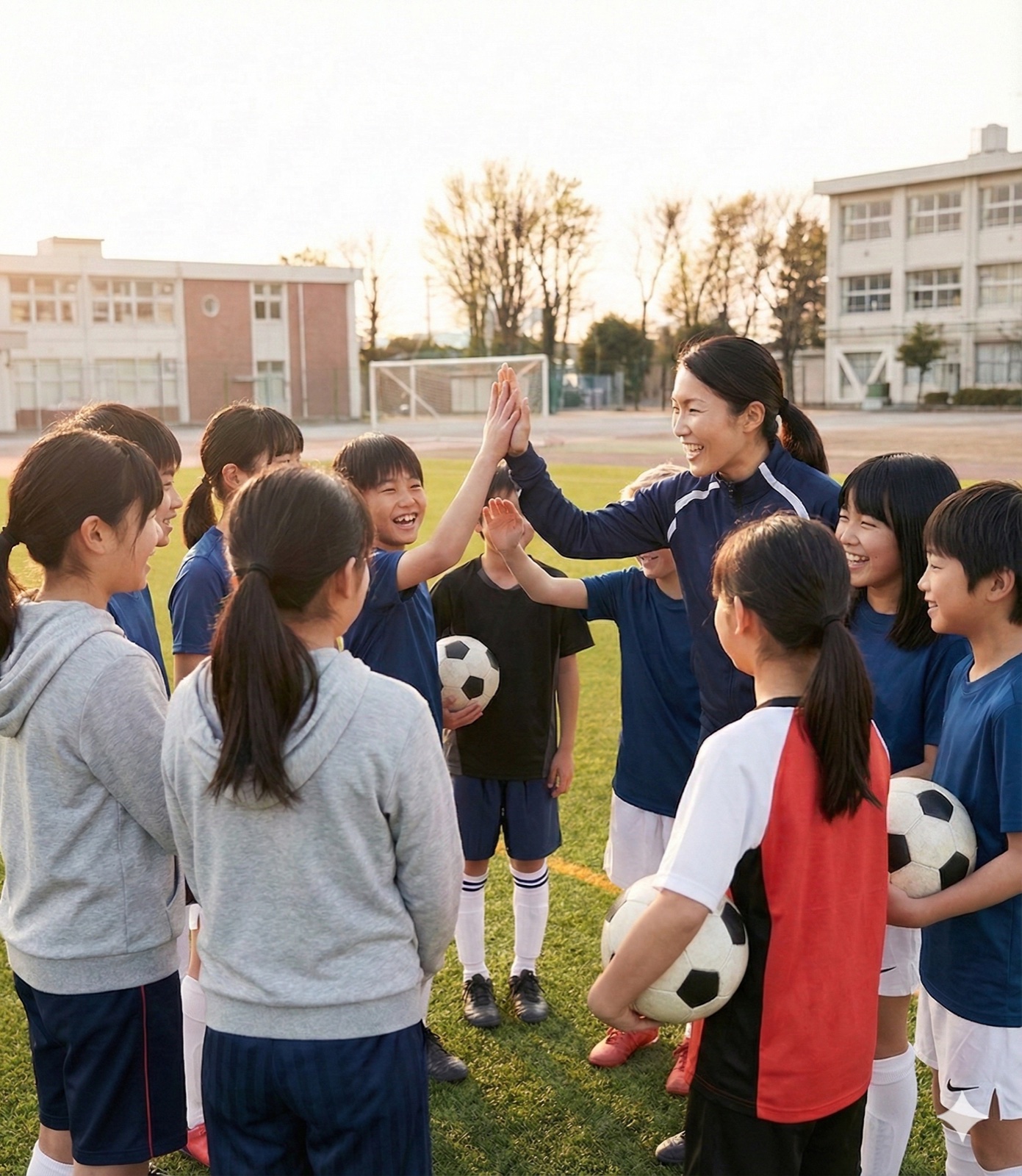 子どもとコーチがハイタッチしている部活動の様子